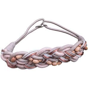 80s Macrame Belt Stretch 30-32" Earth Tones Satin Rope Wooden Beads VTG Boho